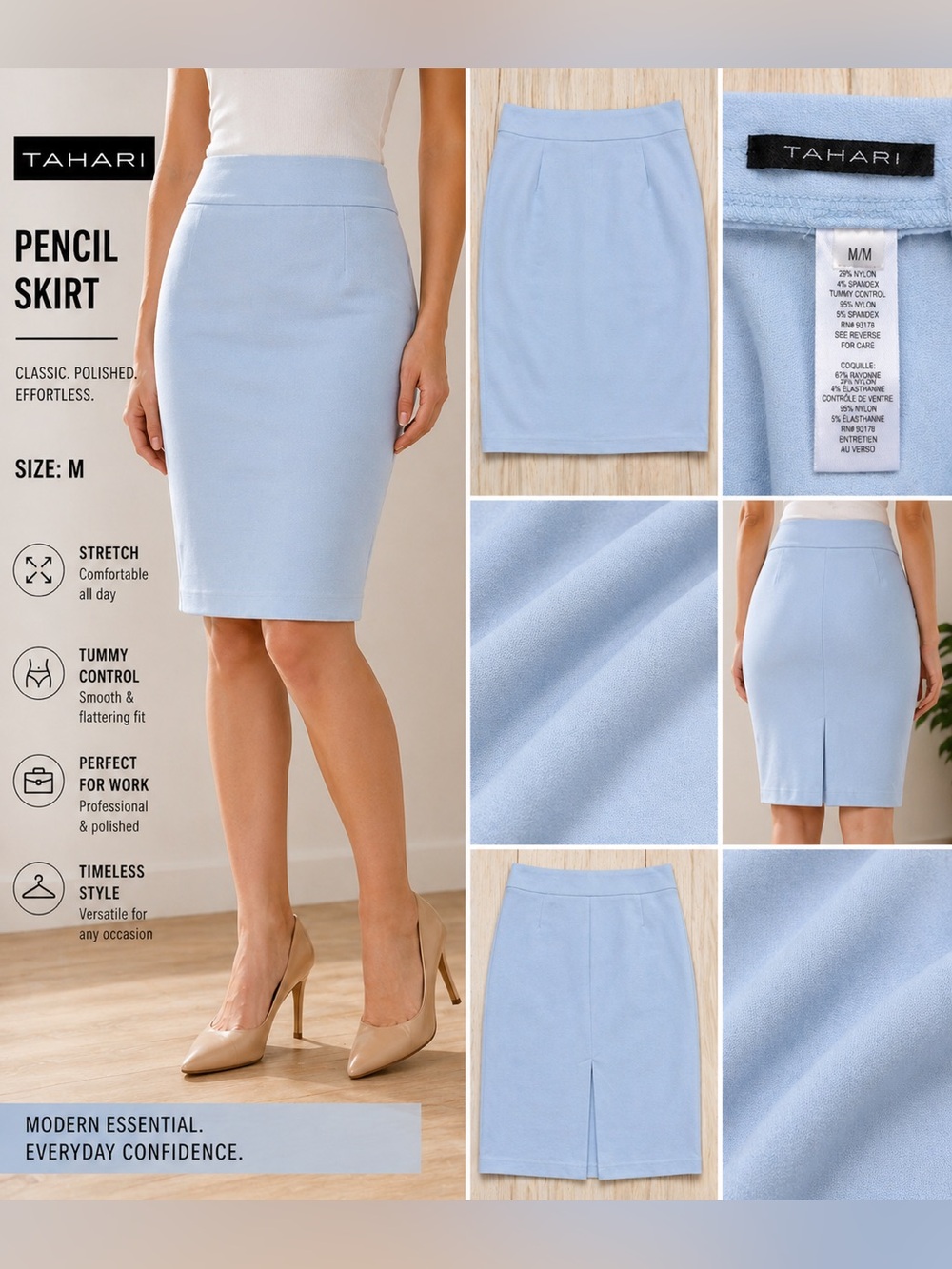 Tahari Pencil Skirt Women Medium Blue Stretch Knee Length Office Career Minimal